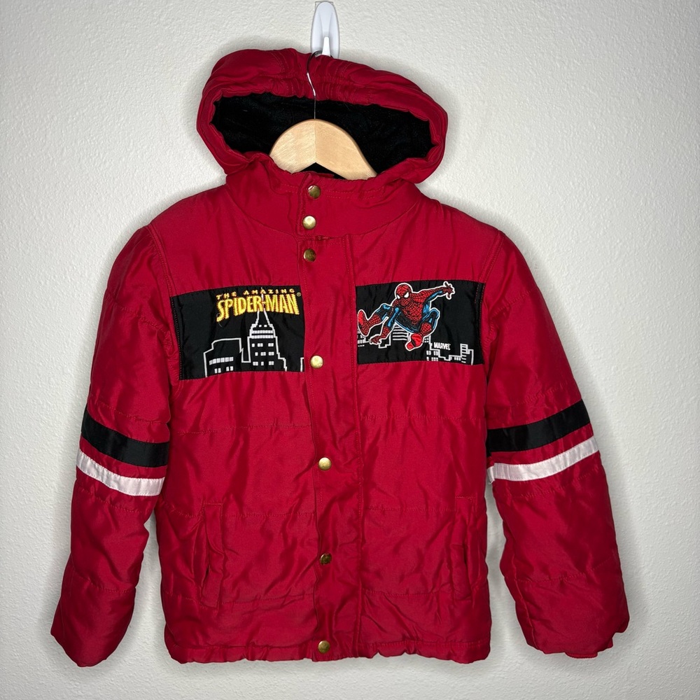 Vintage 2008 Spiderman Jacket Boys size 8 Red Blue Puffer Hooded